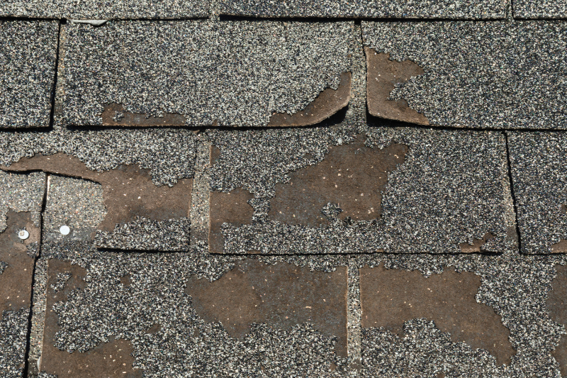 Close up of worn, lifting shingles.