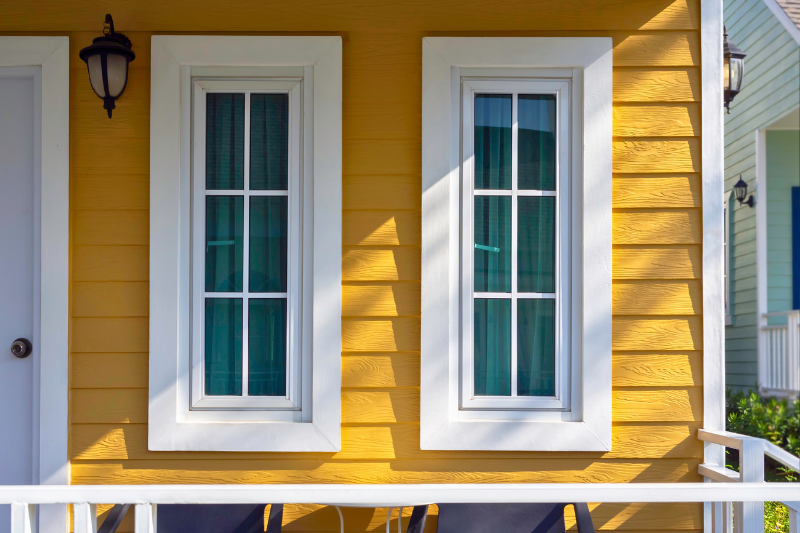 The front of a bright yellow house with two narrow white windows, blue curtains show from within.